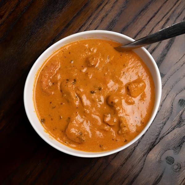 A white bowl of Noorani Kabab House's Indian butter chicken with a spoon on a wooden table.